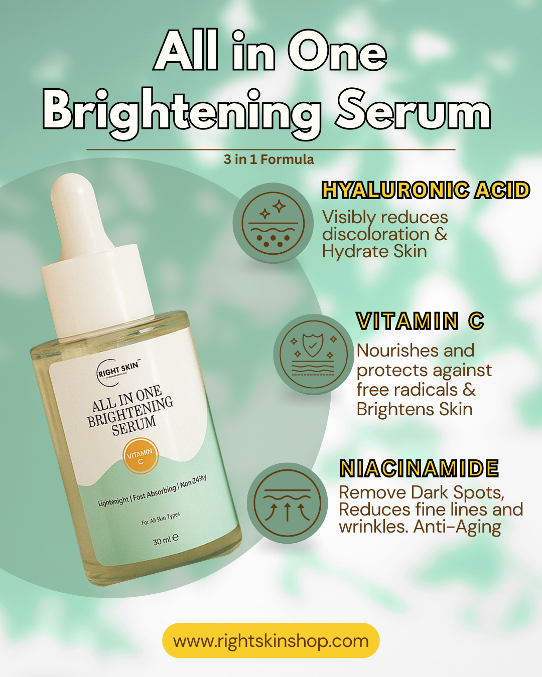 RIGHT SKIN™ Brightening Serum | Vitamin C + Niacinamide & Hyluronic  Acid 30ml - Image 2